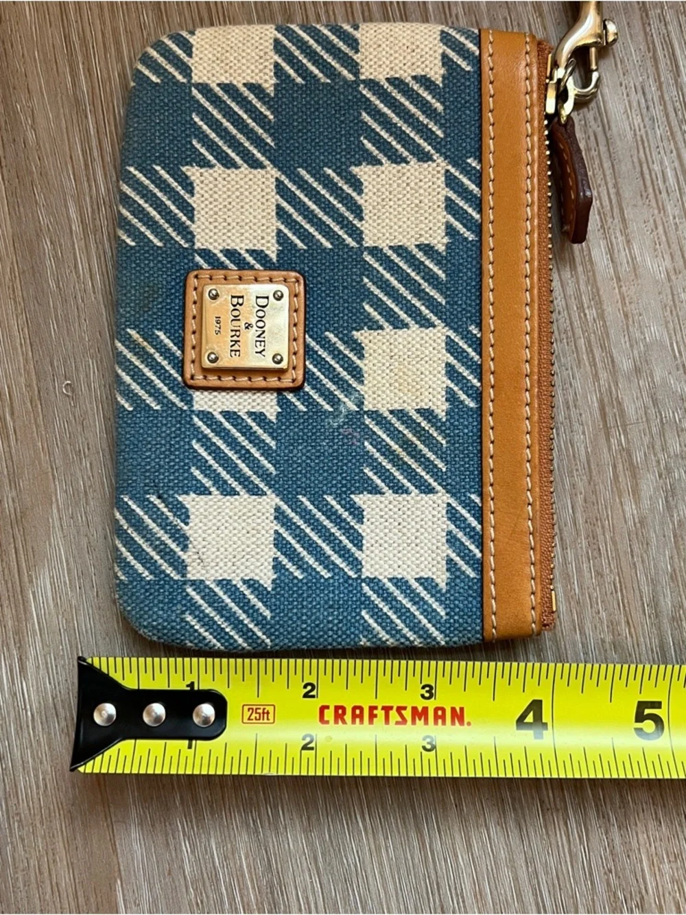 Dooney & Bourke Blue and Cream Plaid Canvas Wristlet with Tan Trim